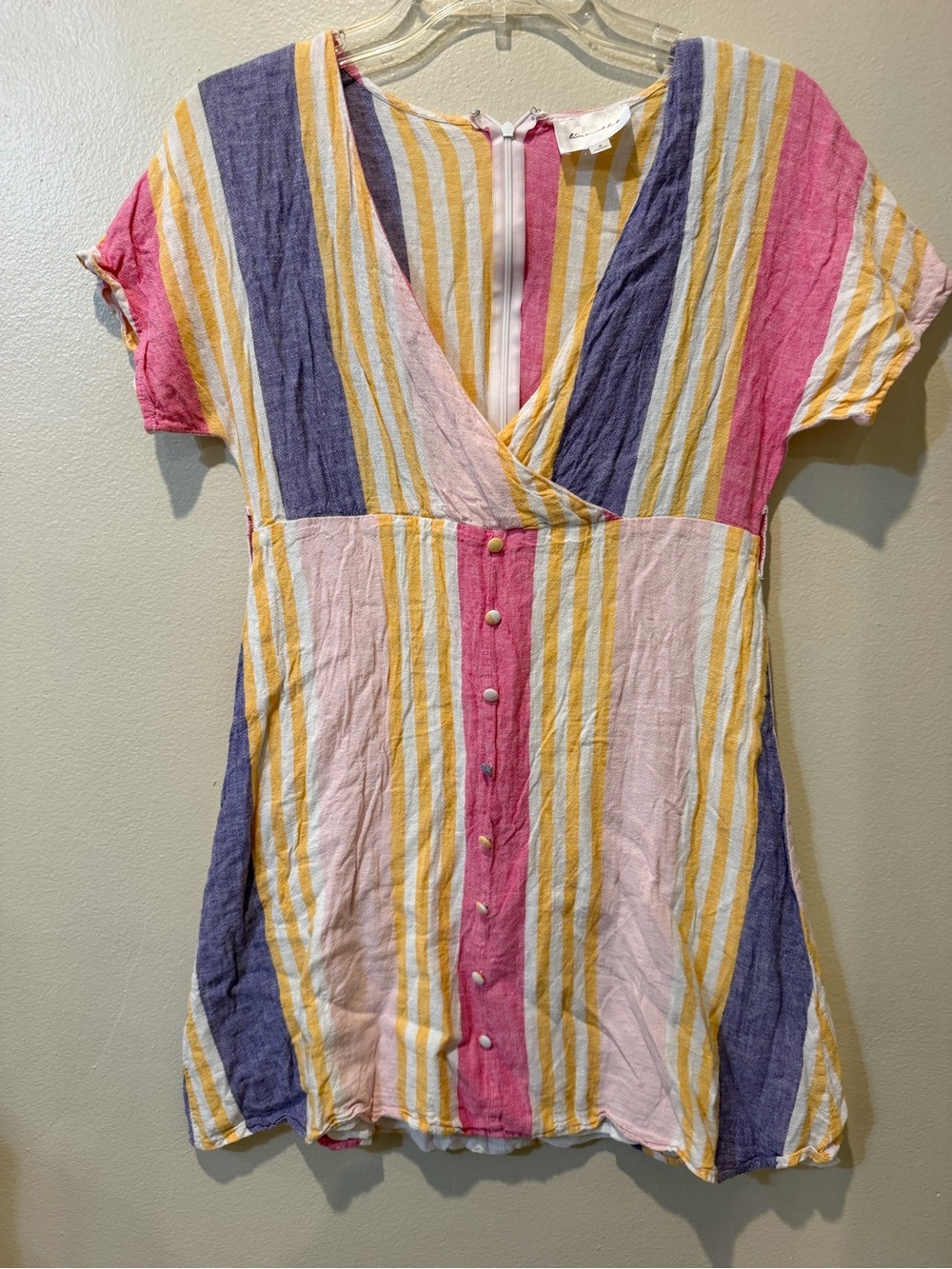 Line & Dot Striped V-Neck Mini Dress in Pink, Yellow & Blue